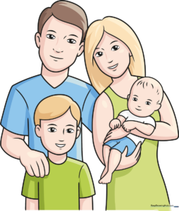 A complete, colorful cartoon family portrait illustration.