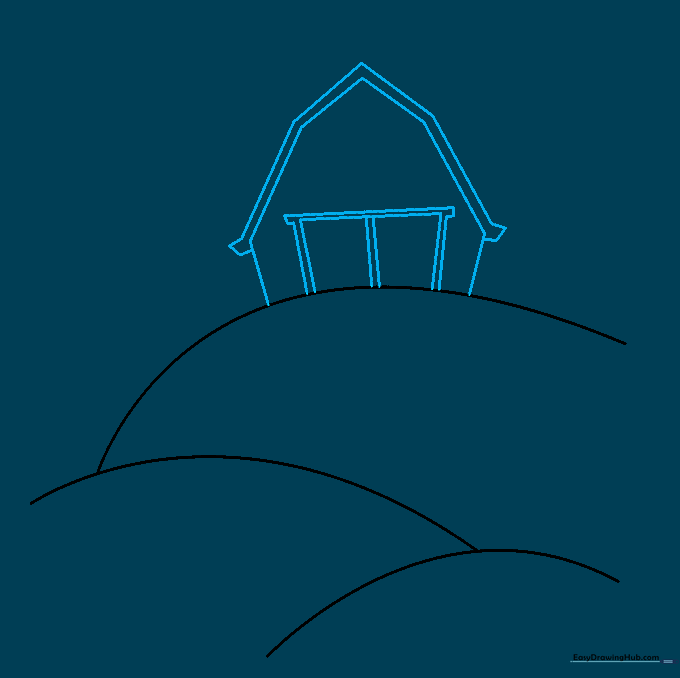 Drawing the basic structure of a barn with a roof and double doors on a hillside.