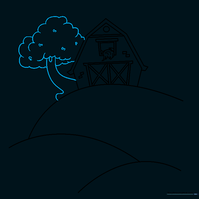 Adding a tree next to the barn with a cloud-shaped canopy.