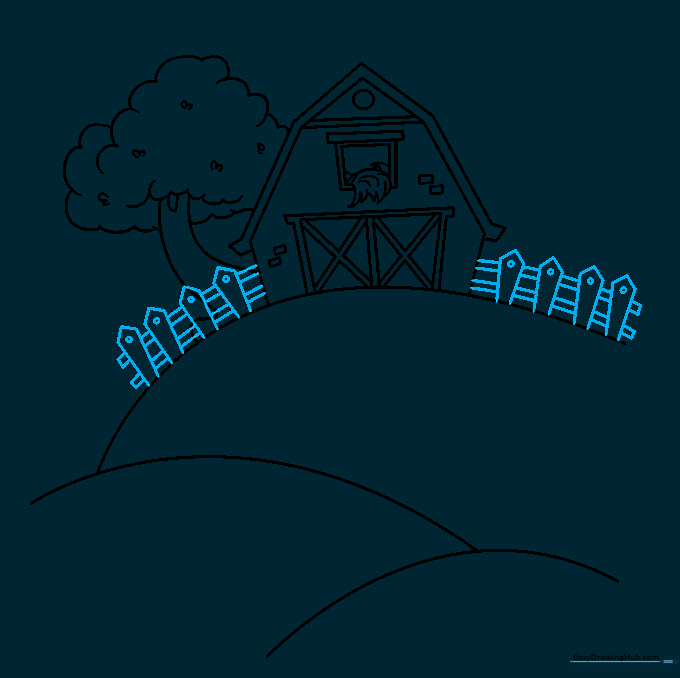 Drawing a picket fence in front of the barn using pentagon-shaped posts.