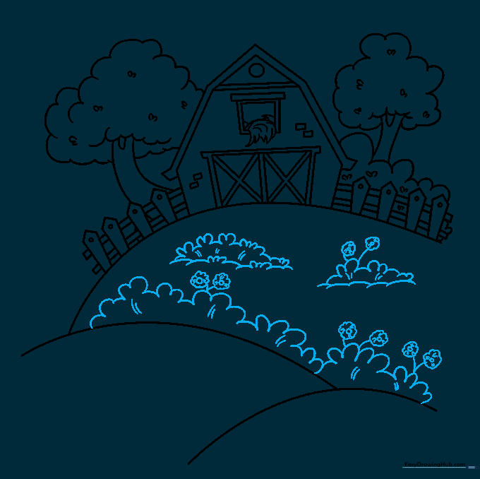 Adding small flowers and plants to the hillside to complete the scene.