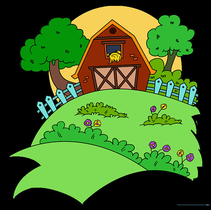 The finished, colored farm scene with a red barn, green trees, and colorful flowers.