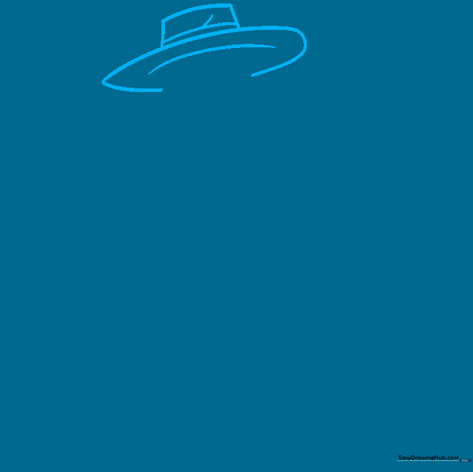 Line drawing of a farmer's straw hat showing the wide brim and rectangular crown.