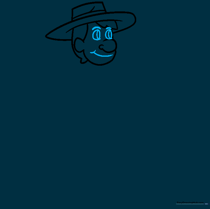 Close-up of the farmer's face showing eyes, eyebrows, and a smiling mouth.