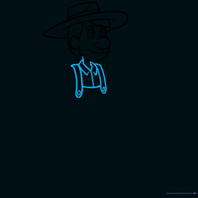Drawing of the upper torso showing the farmer's collared shirt and overall straps.