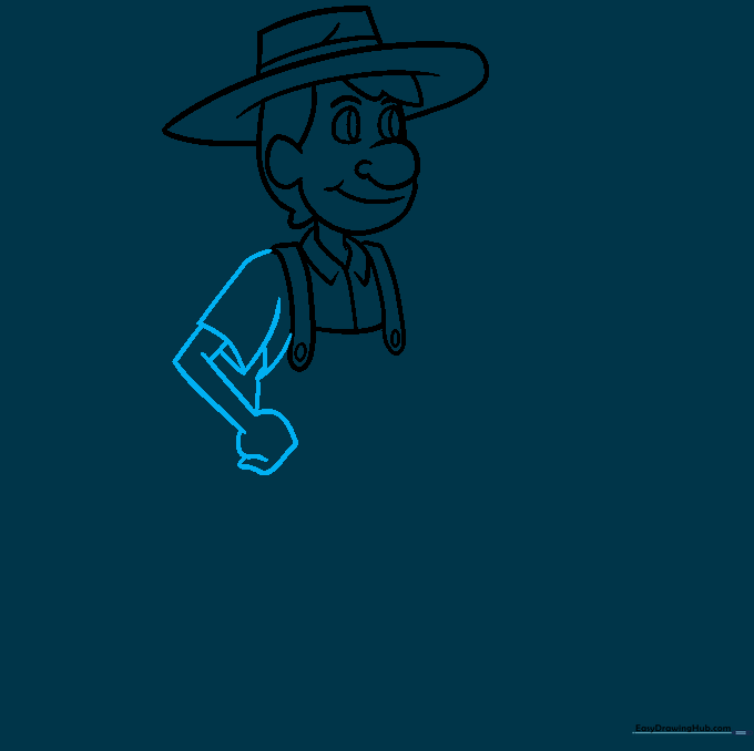Illustration of the farmer's first arm and sleeve extended downwards.