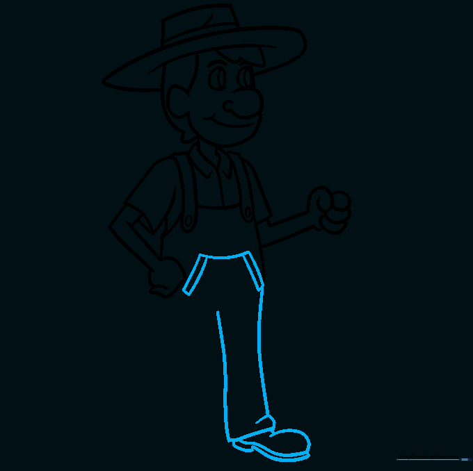 Detail of the overalls pocket and the start of the farmer's pant leg and boot.