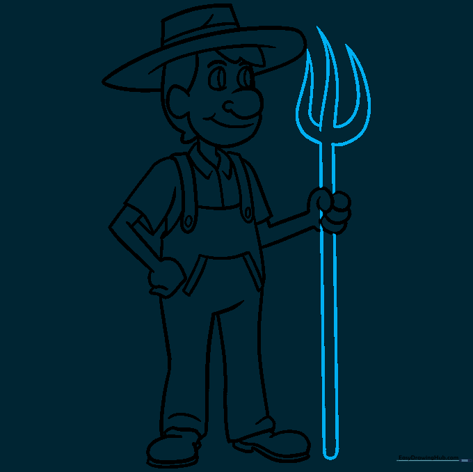 The farmer holding a pitchfork with three sharp tines.