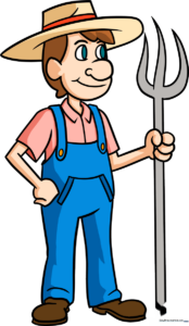 A friendly cartoon farmer holding a pitchfork, ready for a day on the farm.