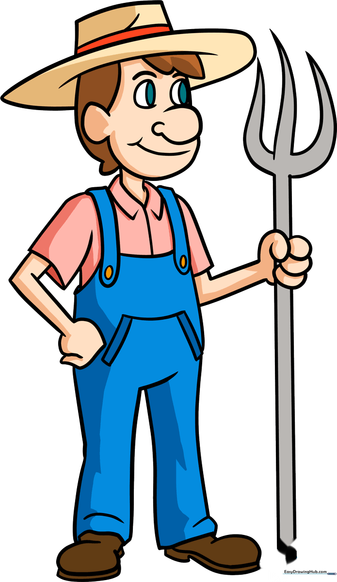 A friendly cartoon farmer holding a pitchfork, ready for a day on the farm.