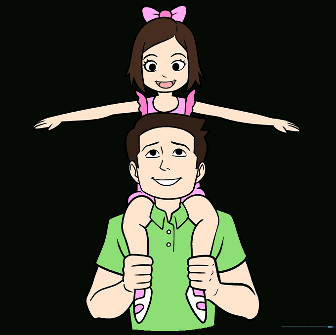 A fully colored cartoon illustration of a father and daughter, showing vibrant colors and clean outlines.