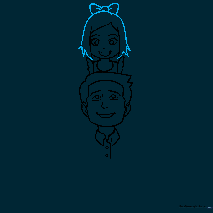 Detailing the daughter's hairstyle with a bow on top, showing how lines overlap to create a natural look.