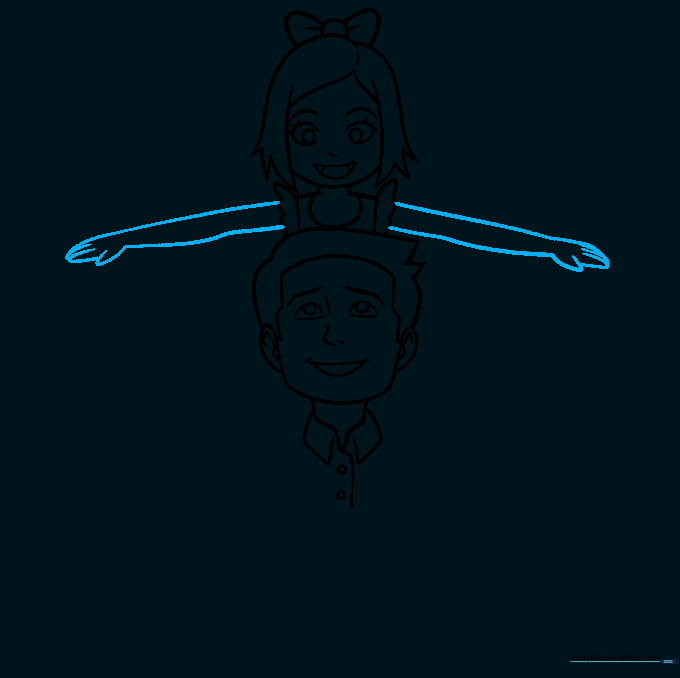 Drawing the daughter's arms extending from her torso, ending in simple rounded hand shapes.