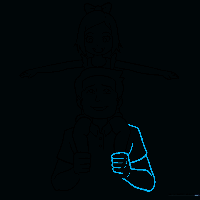 Drawing the father's second arm to complete the upper body structure.