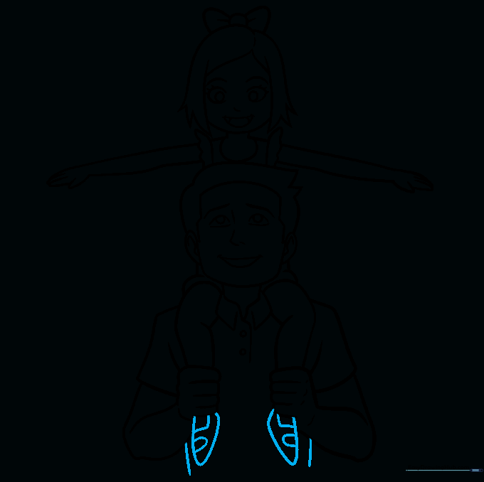 Finalizing the drawing by adding the daughter's shoes and completing the father's torso outline.