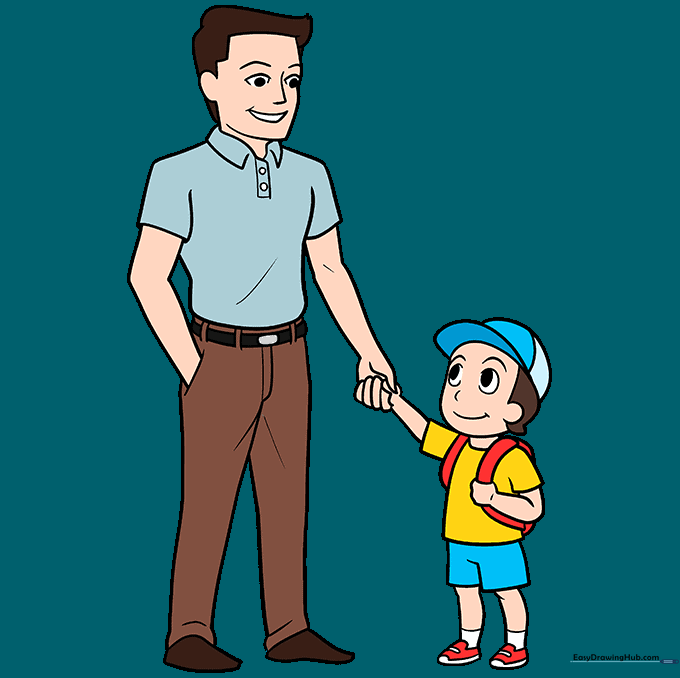 Final colored illustration of a father and son standing together.