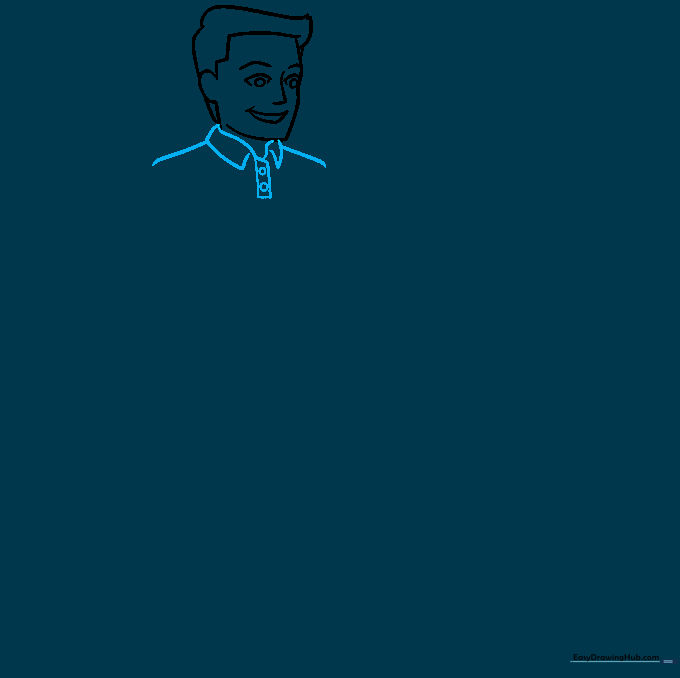 Drawing the collar and upper chest area of the father's shirt.
