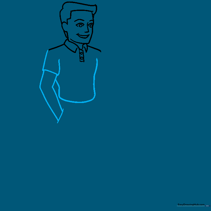 Outlining the father's arm and sleeve with a hand tucked into a pocket.