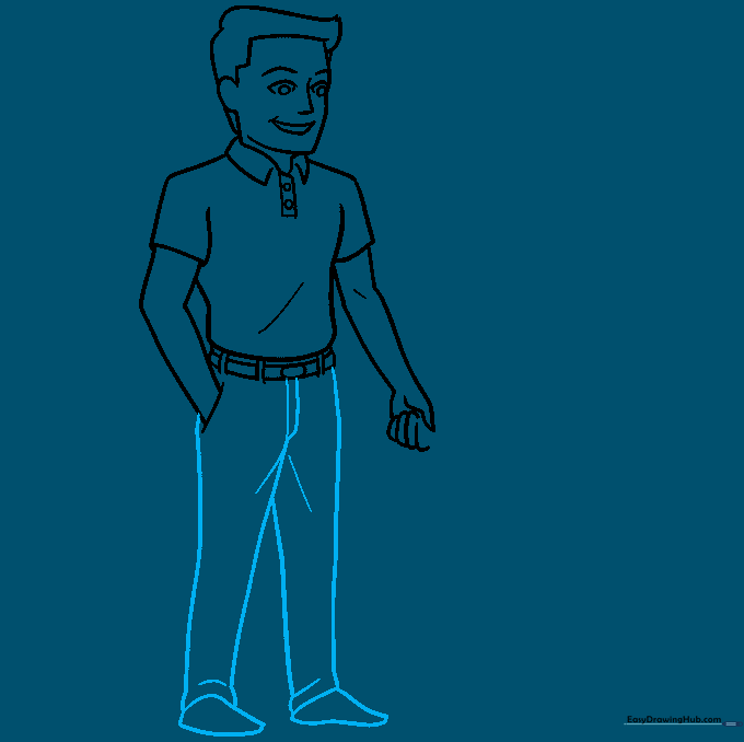 Drawing the father's legs and feet with simple contours.