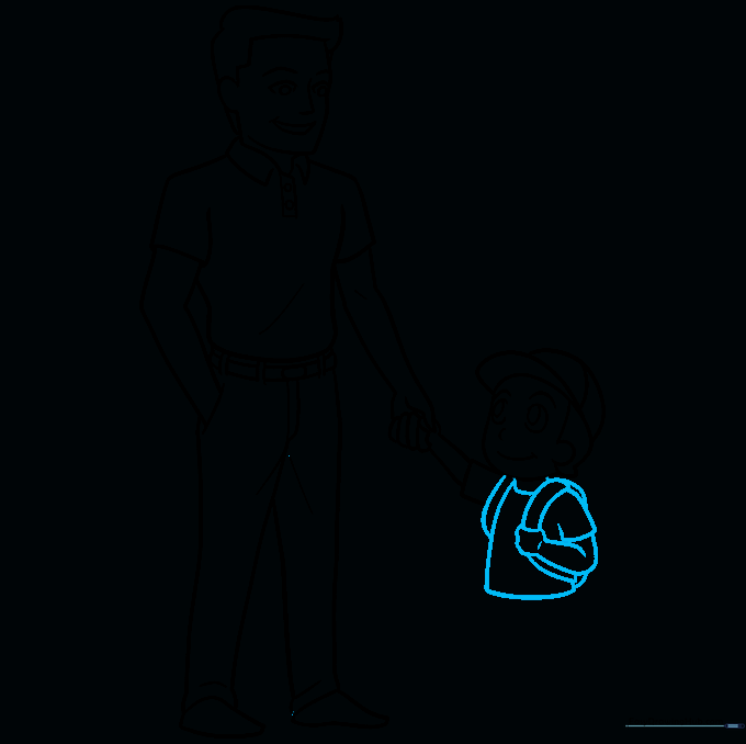 Drawing the backpack straps and torso for the son.