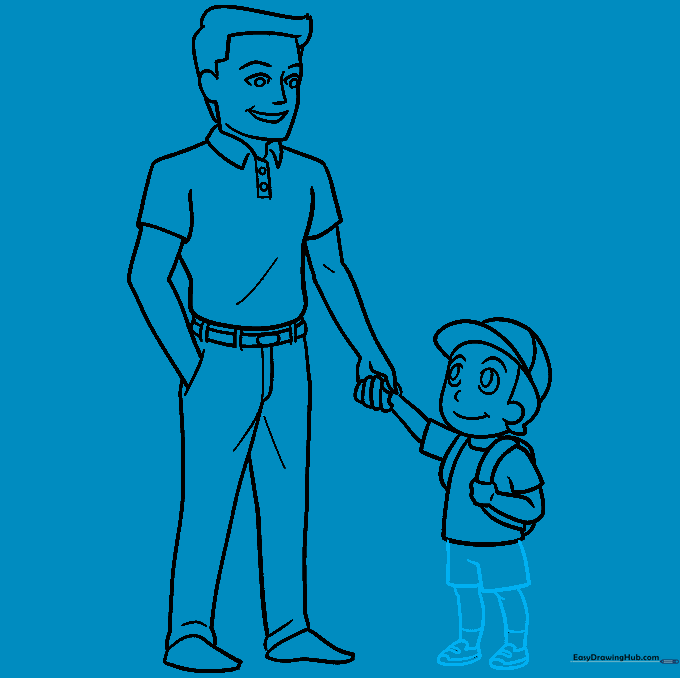 Completing the drawing with the son's shorts and shoes.