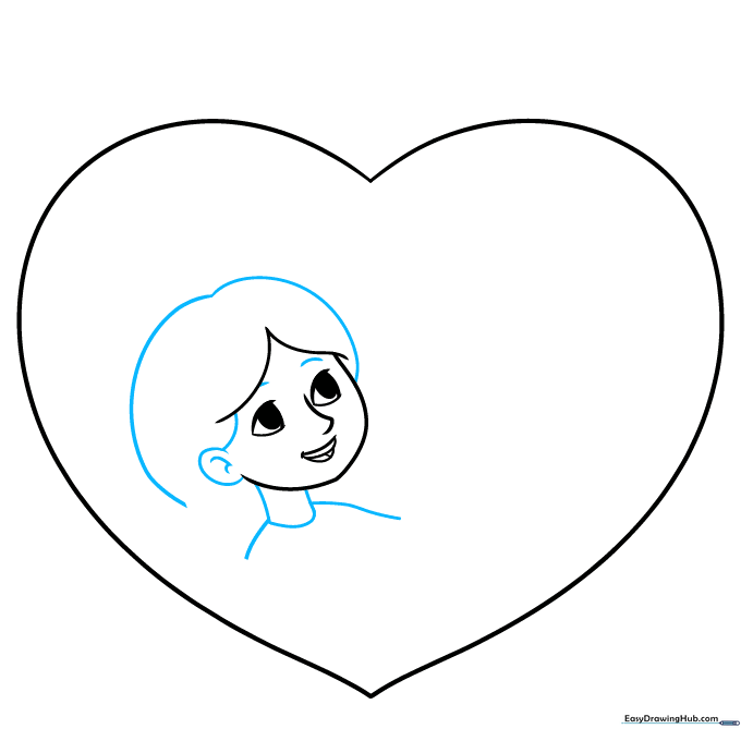 Drawing the girl's hair, ears, and neck area inside the heart shape.