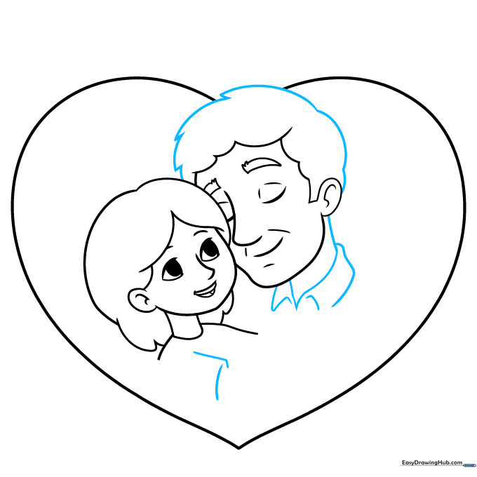 Drawing the father's hair texture and shirt collar details.