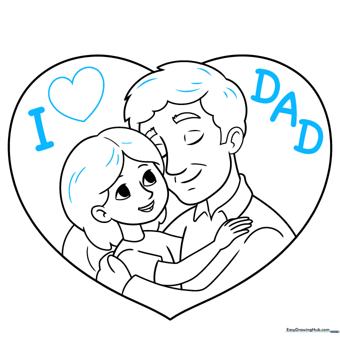 Final line art showing the completed drawing with the text 'I love DAD'.