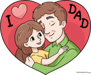 A colorful, finished drawing of a father and daughter inside a heart shape, perfect for a Father's Day card.