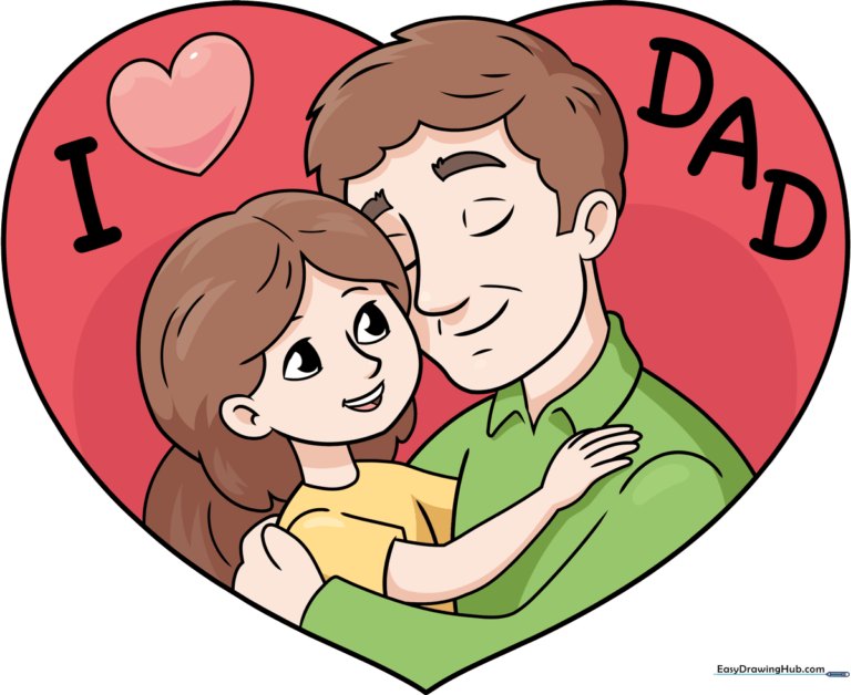 A colorful, finished drawing of a father and daughter inside a heart shape, perfect for a Father's Day card.