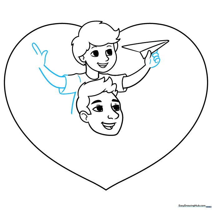 Drawing the boy's arms and torso to complete his upper body.
