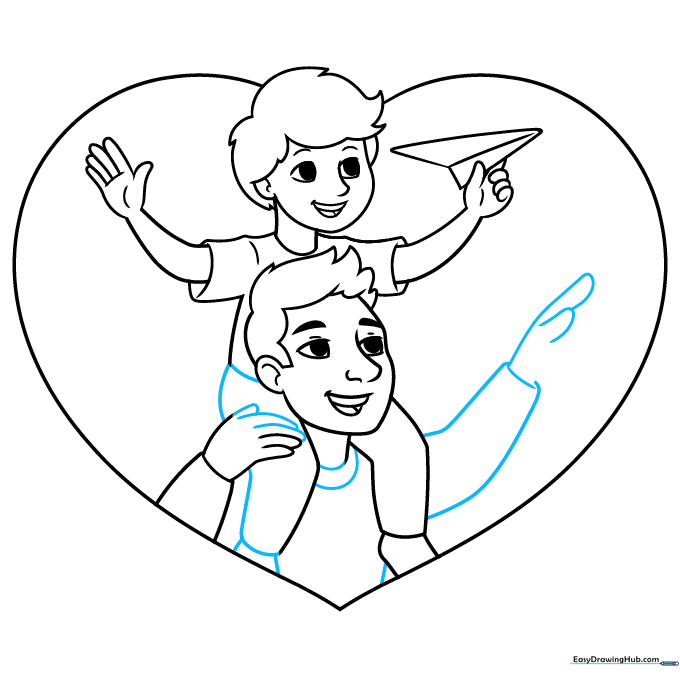 Completing the lower body of the boy and the father's shirt details.