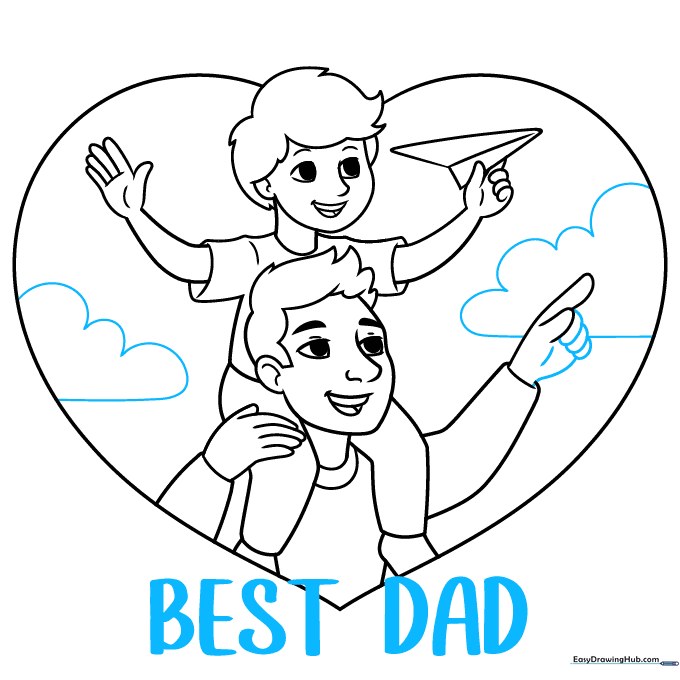 Adding decorative clouds and the text 'BEST DAD' at the bottom of the heart.