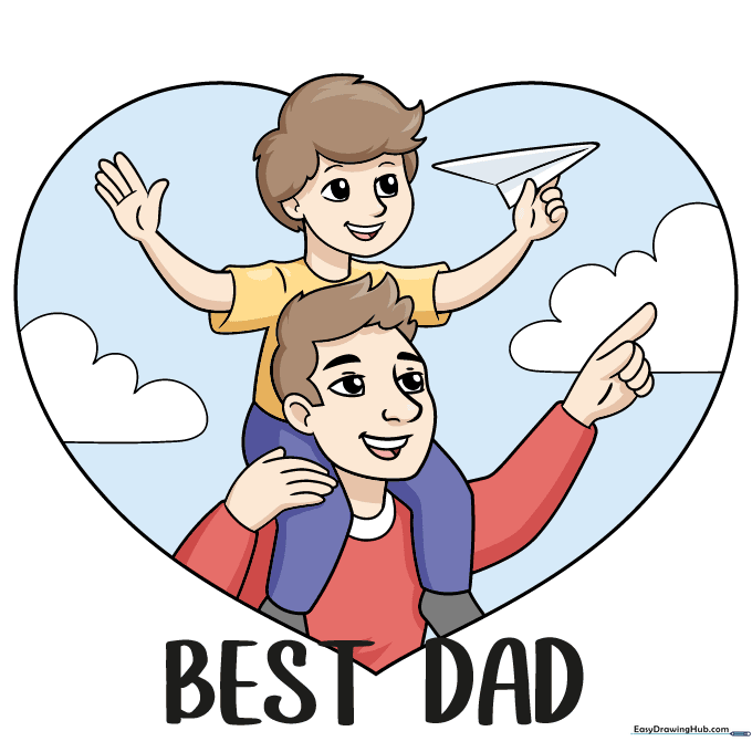 The finished, colored illustration of a father and son inside a heart, ready for a greeting card.