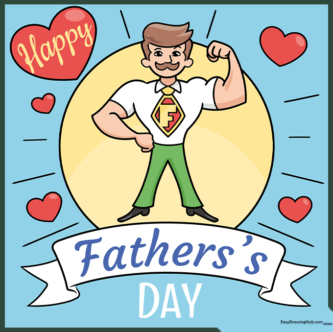 A fully colored and completed Father's Day card drawing with vibrant colors.
