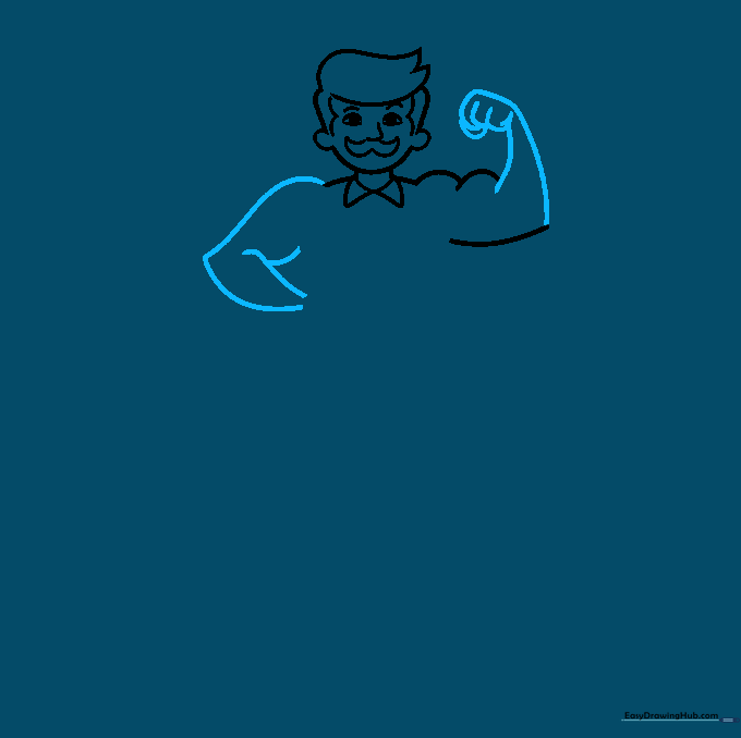 Sketching the arms and hands of the cartoon character, emphasizing the forearm and fist position.