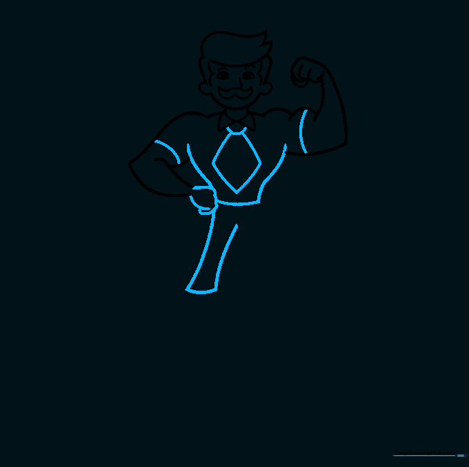 Adding the torso, sleeves, and a necktie to the cartoon character drawing.