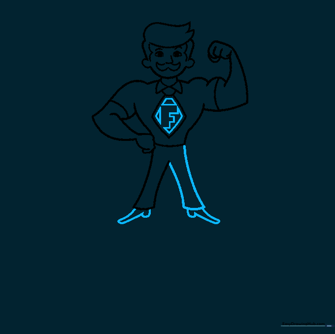 Adding an 'F' logo to the tie and sketching the pants and shoes for the cartoon dad.