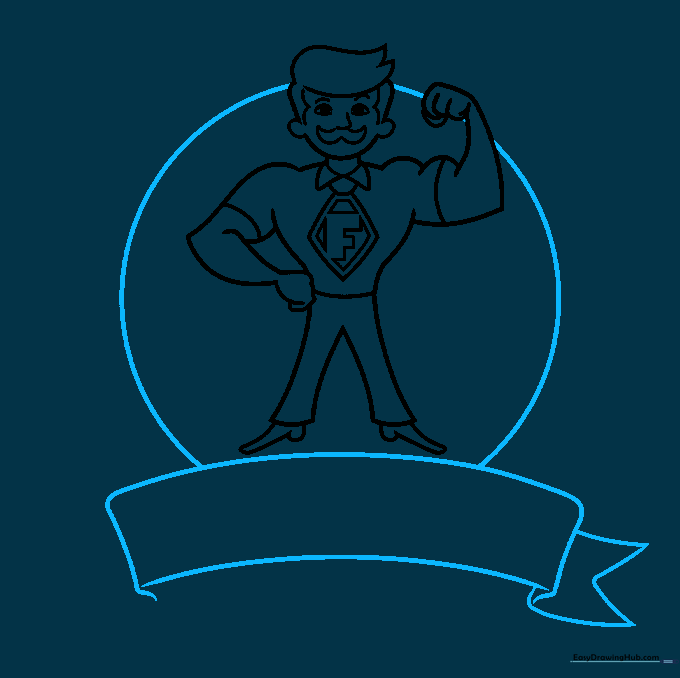 Drawing a banner underneath the cartoon character to hold the Father's Day message.