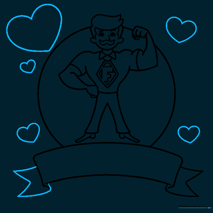 Adding decorative hearts of different sizes around the cartoon dad to show love.