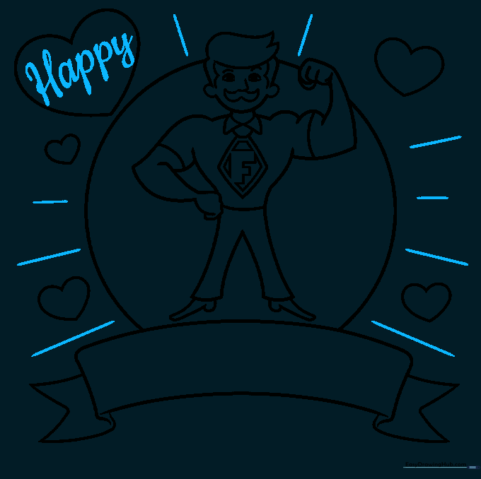 Writing 'Happy' in a heart and adding radiating lines to create a sunburst effect.