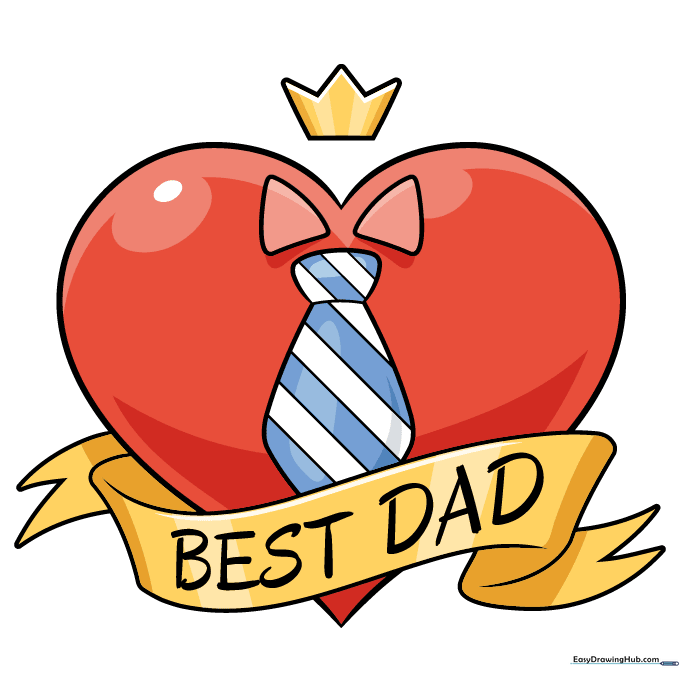 The finished, fully colored Father's Day heart drawing with gold crown and blue tie.