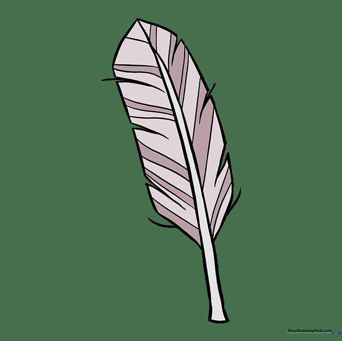 A completed, colored feather drawing with striped patterns.