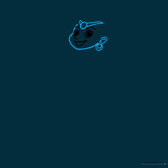 Sketch of a female genie's face outline, including ears, earrings, and a forehead jewel.