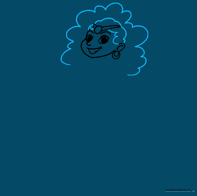 Sketch of a female genie's head with wavy, flowing hair added.