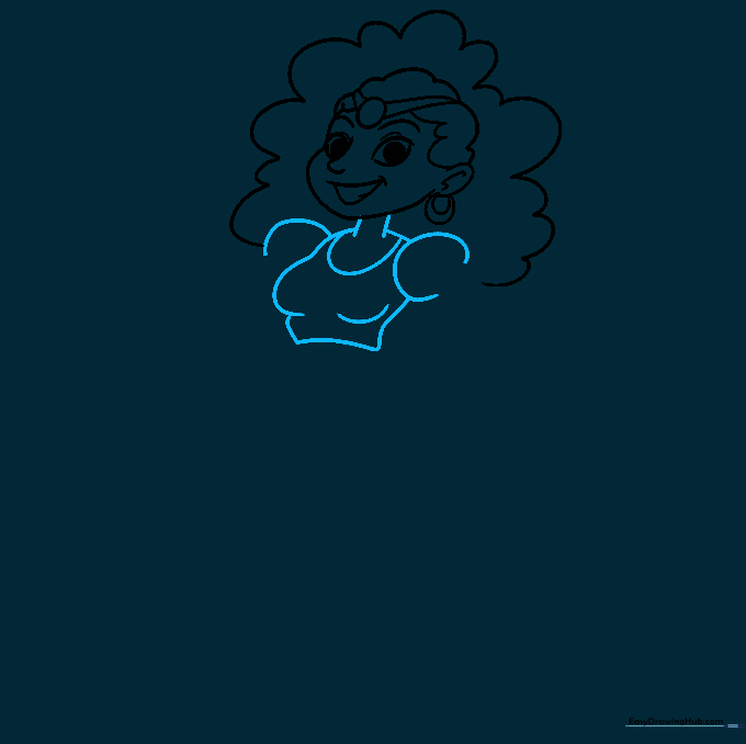 Sketch showing the neck, shoulders, and torso of the female genie.