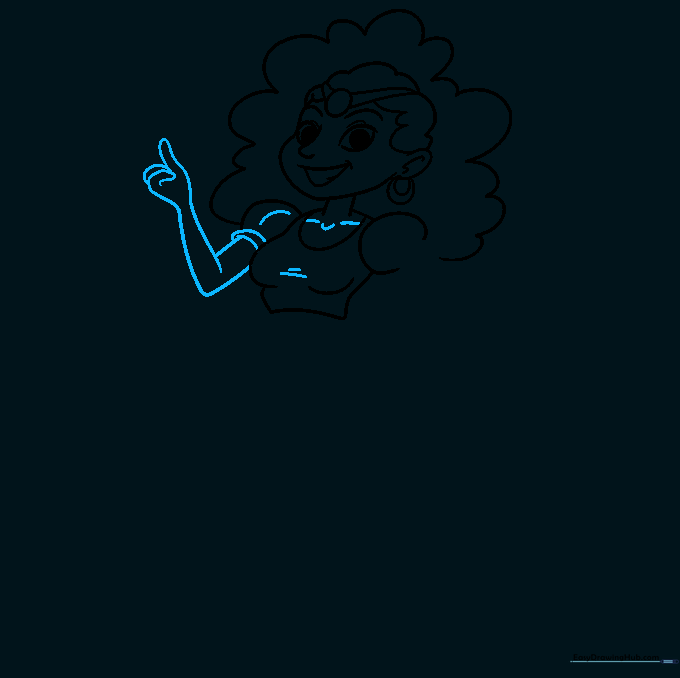 Sketch of the female genie's upper body and one hand with extended fingers.