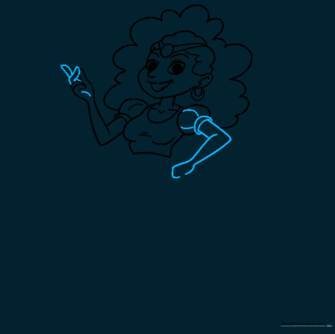 Sketch of the female genie with both arms and hands fully drawn.