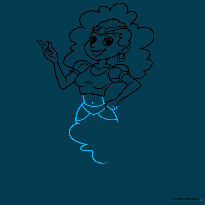 Sketch of the female genie's lower body with flowing fabric shapes.