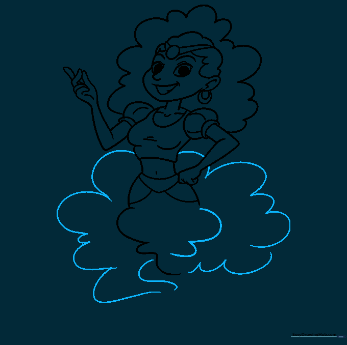 Sketch of the female genie surrounded by fluffy, magical smoke clouds.